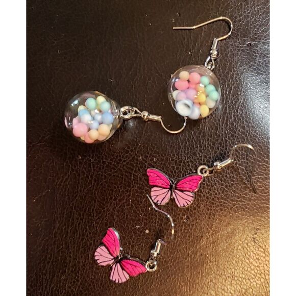 2 Pair Earrings Pink Enamel Butterflies Candy Balls in Glass Orb Butterfly - Picture 2 of 4